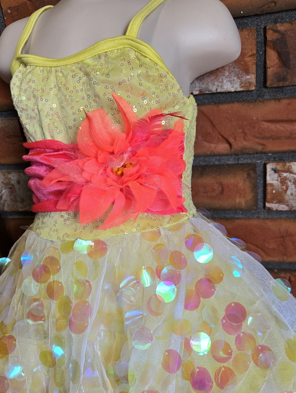 Weissman Yellow Sequin Tulle Costume with Pink Flower Sash